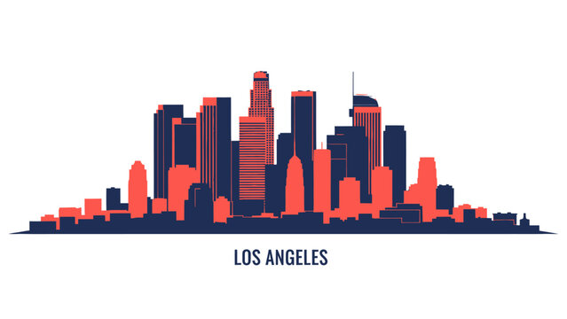 Los Angeles Skyline Silhouette, Modern Cityscape, Urban Architecture, Blue and Orange