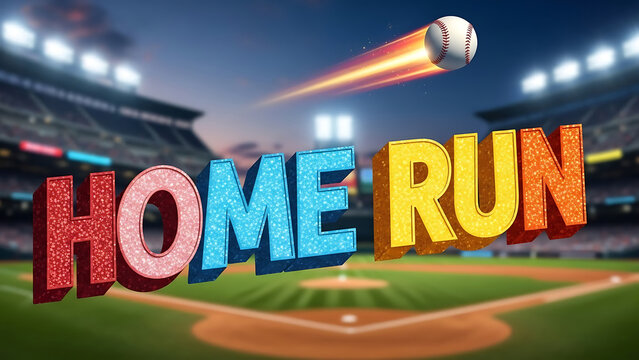 Baseball home run 3D text explosion stadium celebration sports victory success