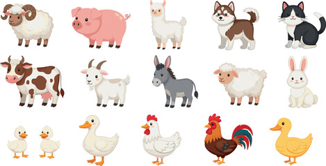 Fototapeta premium Cute farm animals vector illustration set with cow pig sheep goat donkey horse chicken duck and rabbit