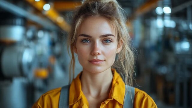 The Confident Constructor: A woman wearing a work uniform, exuding confidence, stands amidst an industrial backdrop, ready to face the day's challenges with strength and expertise.