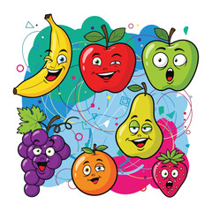 Colorful cartoon fruits with smiling faces