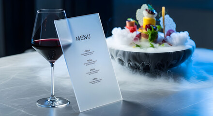 Elegant dining setup with wine glass and gourmet dish on smoke