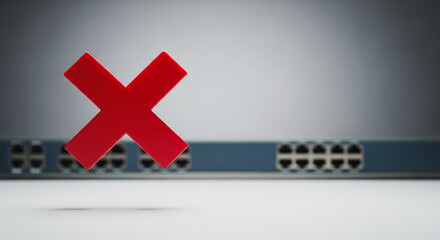 Network Failure and Disconnection Concept: Large Red X Symbol in Front of Blurred Ethernet Switch Ports Signaling System Error, Security Warning, or Downtime.