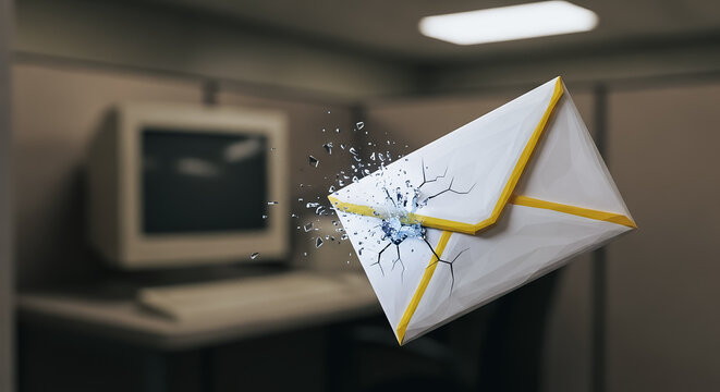 Low Poly Envelope Shattering in Office Cubicle. Digital Communication Crisis, Breaking News, Urgent Email Alert, Security Breach Concept, Retro Computing Background
