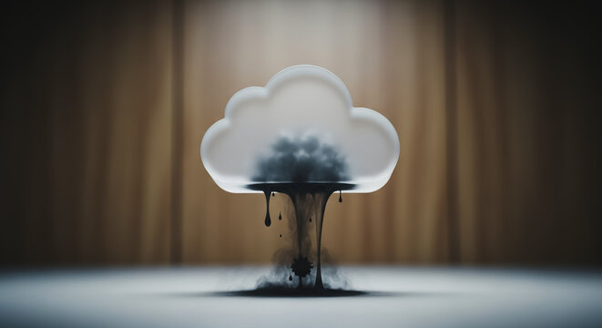 Toxic Cloud Computing Concept: Dark Oil Leaking from a Digital Cloud Icon, Symbolizing Data Breach, Cyber Security Risk, Pollution, or Environmental Disaster