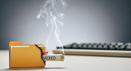 Burning file folder labeled "HACKED" with smoke, symbolizing a critical data breach, cyber attack, and compromised digital security incident with copy space.