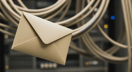 Digital Mail Concept: 3D Envelope Hovering Over Server Rack Wires and Network Cables, Symbolizing Email Delivery, Internet Communication, and IT Infrastructure Security.