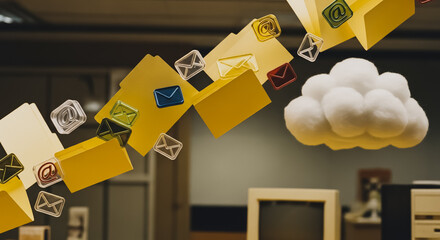 Flying email icons and yellow file folders transferring data to a conceptual cloud storage system in a vintage office setting, representing digital communication and archiving.
