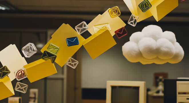 Flying email icons and yellow file folders transferring data to a conceptual cloud storage system in a vintage office setting, representing digital communication and archiving. - Powered by Adobe