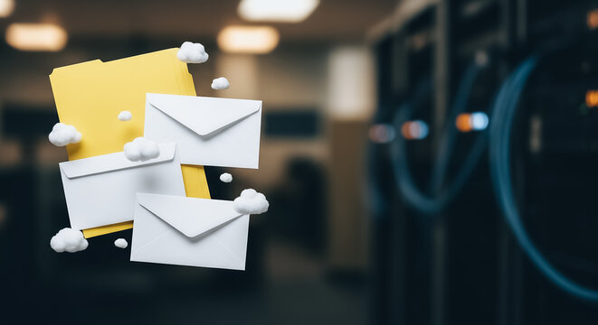 Conceptual 3D render of floating emails and folder with clouds symbolizing secure cloud messaging, data transfer, and digital storage in a blurred high-tech server room or data center backdrop - Powered by Adobe