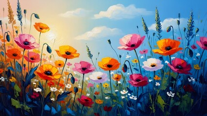 Happy mother's day wishes with beautiful colorful flowers and sunny sky