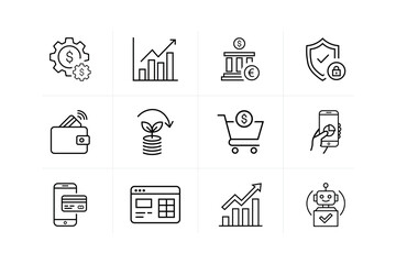 Modern Fintech and Digital Banking Thin Line Icon Set featuring Blockchain, Digital Wallet, and Online Payment Elements