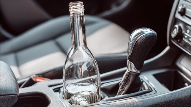 Alcohol bottle left in car cupholder next to gearshift in vehicle interior