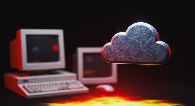 Retro Cloud Computing Concept: 3D Render of Textured Cloud Icon Floating Over Vintage CRT Desktop Computers, Emphasizing Data, Cybersecurity, and 80s Vaporwave Aesthetics.