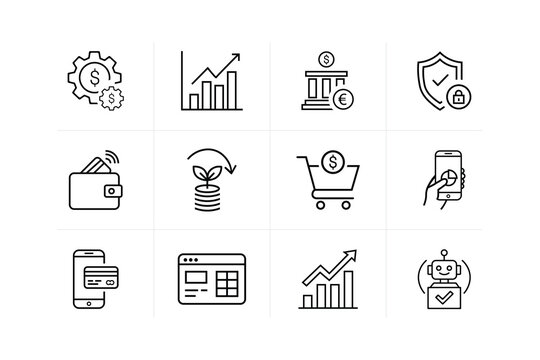 Modern Fintech and Digital Banking Thin Line Icon Set featuring Blockchain, Digital Wallet, and Online Payment Elements