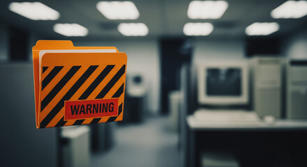 Confidential Warning File Folder Floating in Dark Office Environment Representing Data Breach, Critical Security Risk, Sensitive Information, and Archive Danger