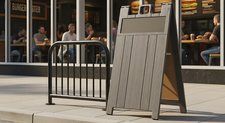 Modern cafe outdoor signage with patrons inside