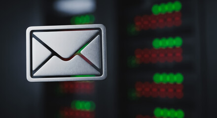 3D metallic email envelope icon representing digital communication and networking, set against a dark background with blurred red and green data status lights.