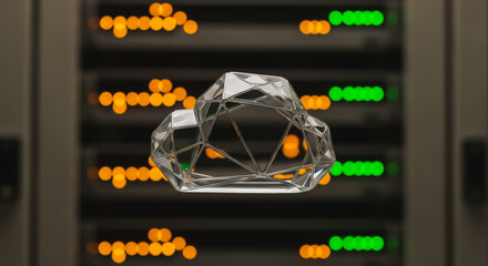 Abstract Geometric Crystal Cloud Symbol Over Server Rack Infrastructure. Data Center, Network Storage, and Secure Digital Technology Concept.