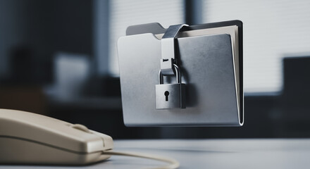 Naklejka premium Secured data folder with a padlock floating above an office desk