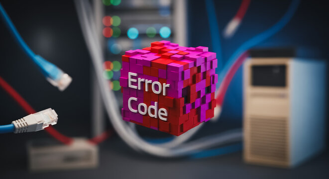 Digital Error Code Cube Floating Over Network Server Infrastructure Representing System Failure, Data Security Breach, or IT Troubleshooting - Powered by Adobe