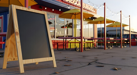 Empty chalkboard menu stand outside restaurant patio