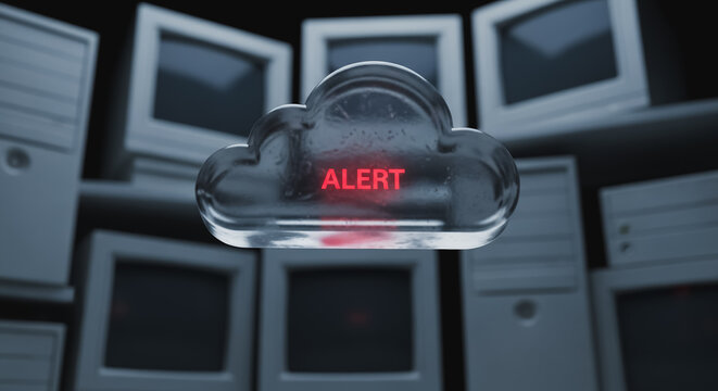 Cloud Security Alert Icon Floating Over Stack of Old Retro Computers and Servers. Digital risk warning, network breach, vintage technology failure and data infrastructure danger concept.