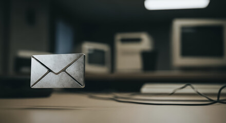 Digital Mail Concept: 3D Metallic Email Envelope Icon Hovering Over a Vintage Office Desk with Retro Computer Equipment and Dark Bokeh Background