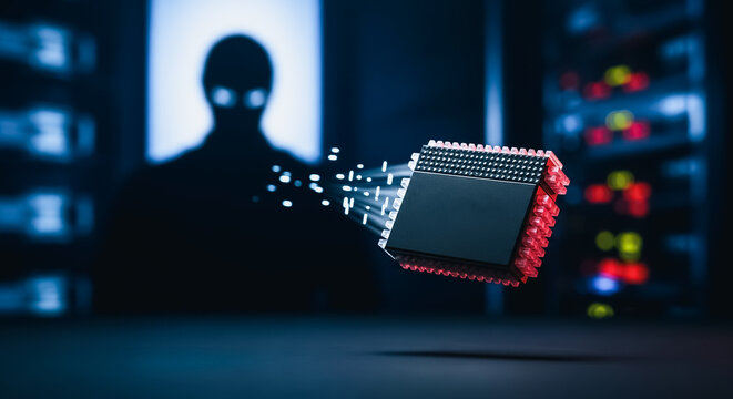 Digital Hacking and Data Theft Concept: Ominous silhouette watching a glowing CPU microchip emitting data beams in a dark, secure server room environment, illustrating a cyber attack.