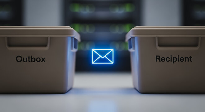 Digital Email Transfer Process Conceptual 3D Illustration. Sending message from Outbox to Recipient box with glowing envelope icon in data center server room. - Powered by Adobe