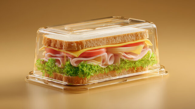 Sandwich ham cheese tomato lettuce bread plastic container lunch snack food meal fresh gourmet cafeteria deli takeaway convenience packaging