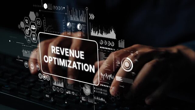 Hands Typing on Keyboard with Revenue Optimization Text and Digital Analytics Graphics in Background. Asymptotic smart data analytic.