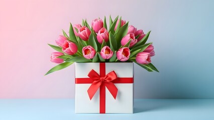 Happy mother's day gift pink tulips in a white box with red ribbon