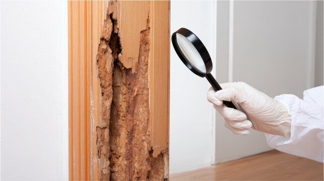 Inspector inspecting termite damage on door frame for home pest control assessment