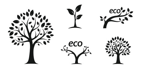 Minimal Eco Tree Silhouette Vector Icon Set with Sustainable Growth Poses