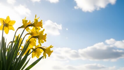 Happy mother's day wishes with beautiful yellow daffodils under sunny blue sky
