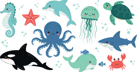Cute sea animals vector illustration set with colorful shark whale octopus and dolphin characters isolated © Honey!