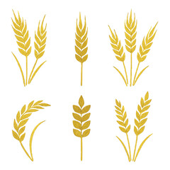 Golden Wheat and Rice Silhouette Icons: Agriculture Grain Vector Set on White background