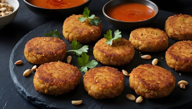 crispy thai fish cakes (tod mun pla) on a plate