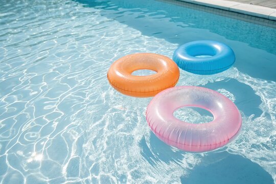 Three inflatable pool floats are floating in the water