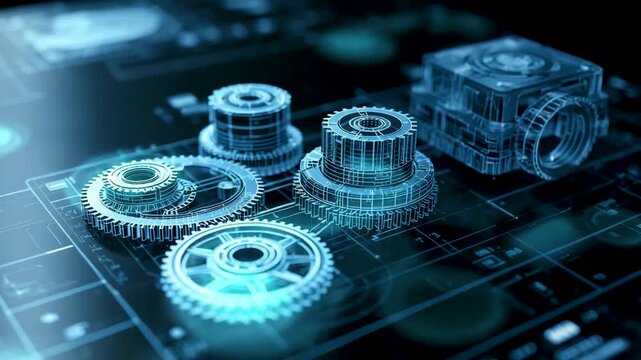 Digital blueprint display showing mechanical gears and components in transparent three dimensional view