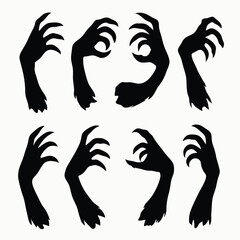 Spooky Monster Claw Silhouette Set: Creepy Zombie Hands and Sharp Talons Vector Art isolated white background