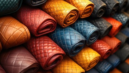 Obraz premium Colorful rolled leather samples with diamond stitch pattern texture background. Use this material for fashion, furniture, craft, or textile design projects.