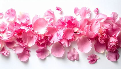 Obraz premium Scattered Pink Rose Petals on White Background Delicate Floral Arrangement