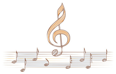 Sketched music symbols and notes on staff lines, treble clef illustration