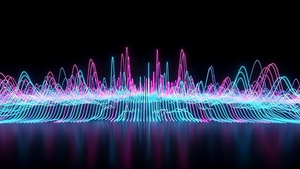 Futuristic neon waveform pattern with pink and blue lights on dark background