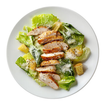Chicken caesar salad on white plate top view