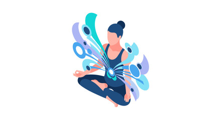 Naklejka premium A serene woman practices meditation in a lotus position, surrounded by abstract, flowing blue and purple energy, symbolizing inner peace and spiritual balance.