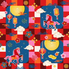 Fototapeta premium Chinese New Year Seamless Pattern with Zodiac Horse, Lantern, Moon and Festive Icons Vector