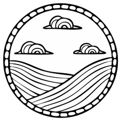 Stylized circle of rolling hills and clouds in a simple black and white outline